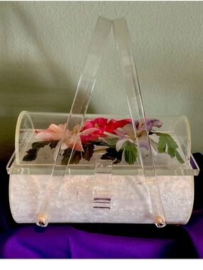 HARRY LITWIN 50’s Lucite Casket Purse Marbled Base/ Floral Dome  Exc. w/ Extras
